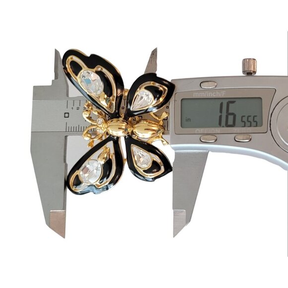 Trifari Gold Tone Clear Rhinestone Black Enamel Butterfly Brooch, Signed M777 - Picture 7 of 8